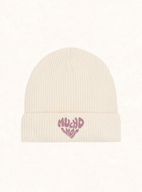 Bonnet côtelé beige avec broderie "Mucho Amor" rosé