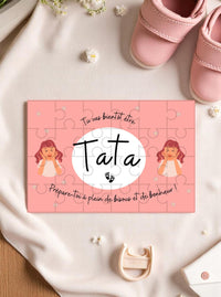 Puzzle "Tu vas être Tata" monté pour révéler une annonce de grossesse émotive