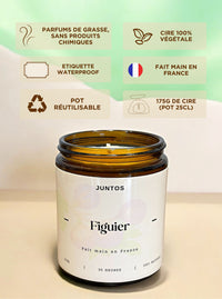 Bougie parfumée figuier, fabriquée en France avec cire 100% végétale et parfum de Grasse. Parfaite pour une ambiance fruitée et boisée.

