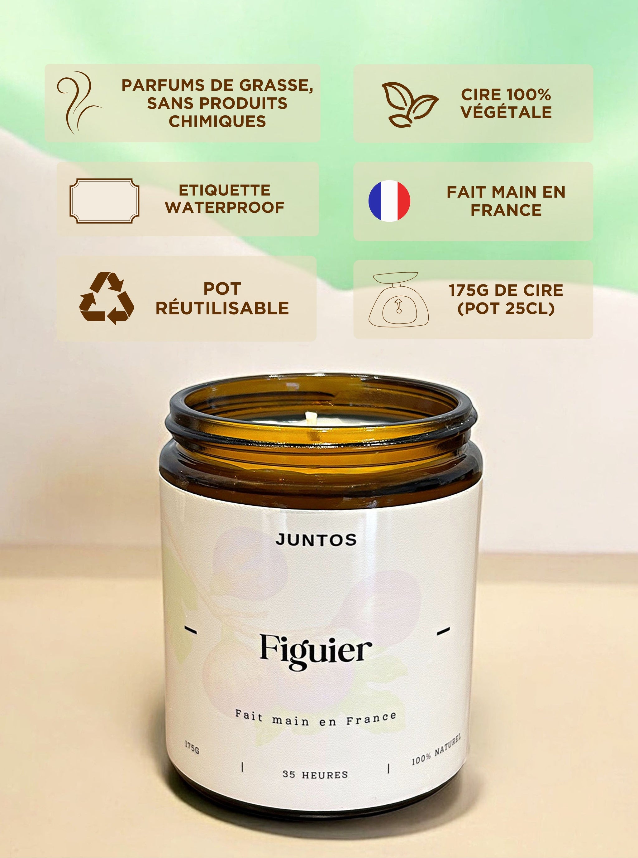 Bougie parfumée figuier, fabriquée en France avec cire 100% végétale et parfum de Grasse. Parfaite pour une ambiance fruitée et boisée.

