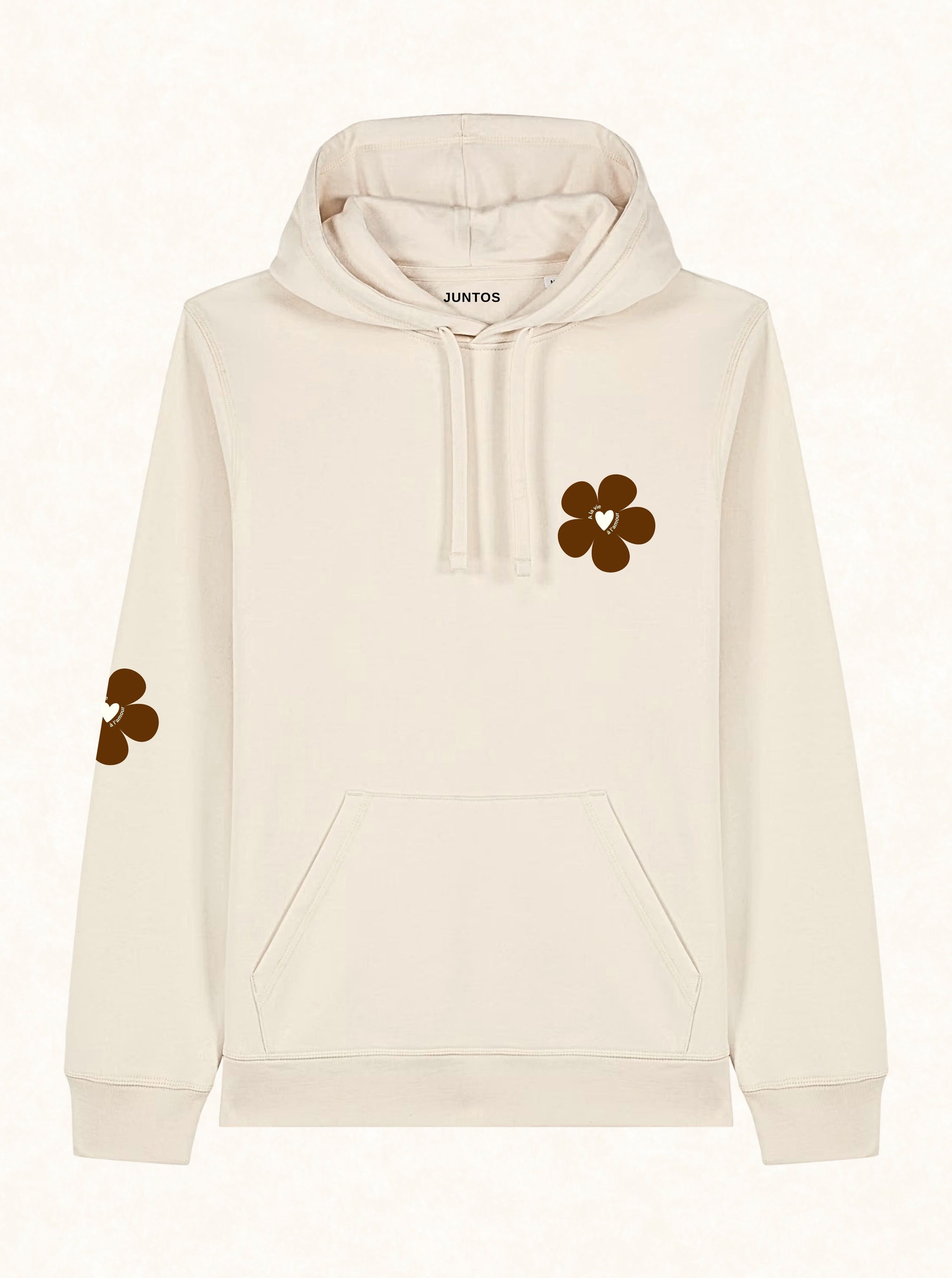 Sweat beige mixte avec motif floral camel et inscription "À la vie, à l’amour"
