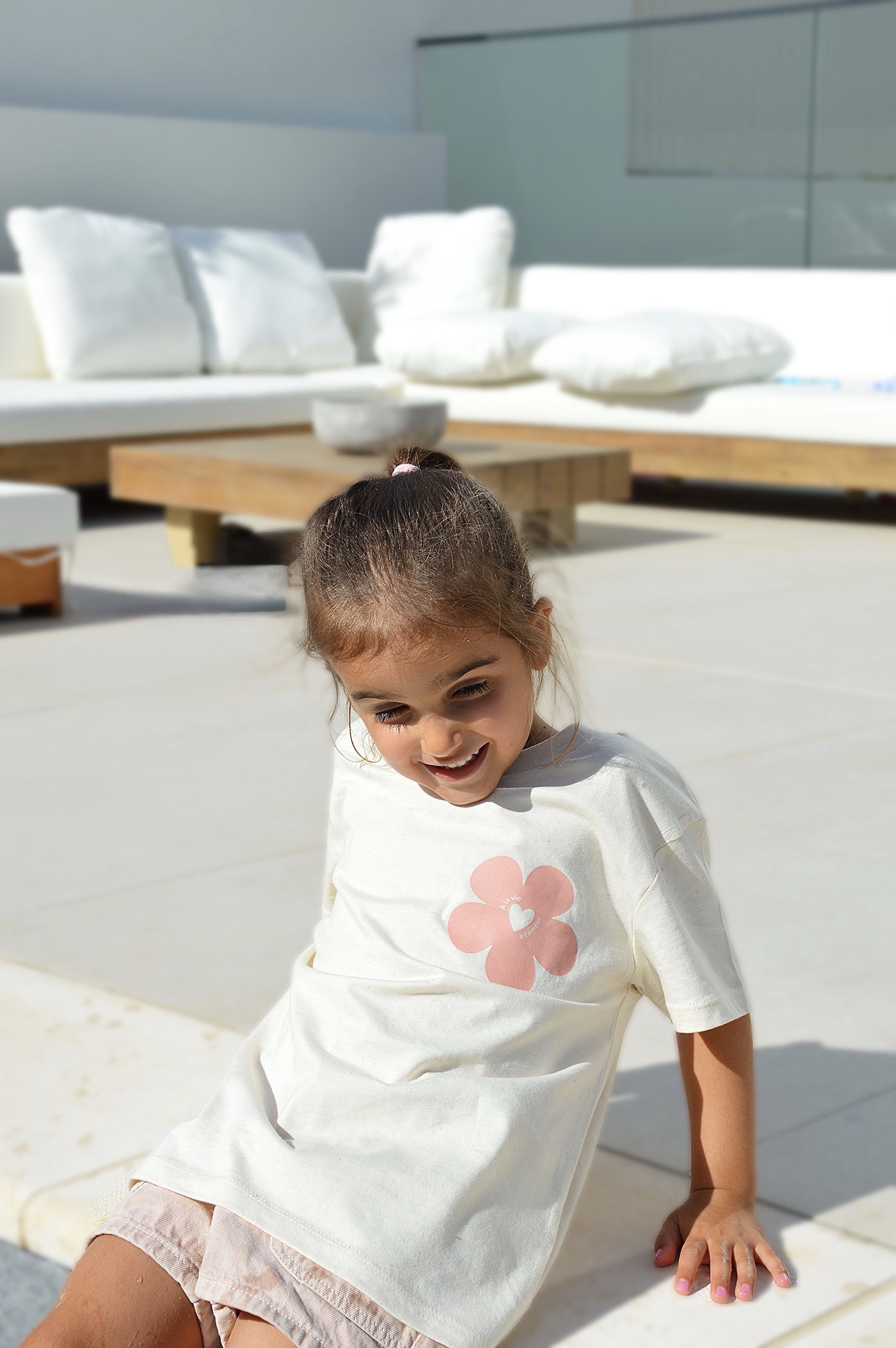 T-shirt Enfant Beige "A la vie à l'amour" - Rose