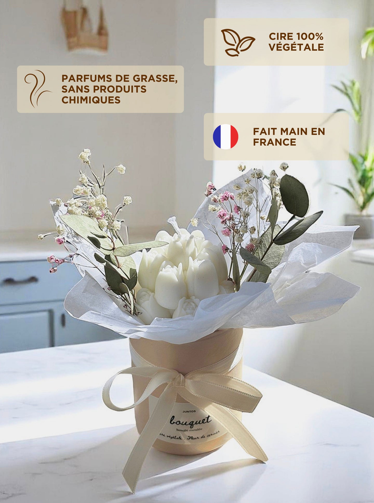 Bougie parfumée avec fleurs séchées – pot rose élégant – cadeau original