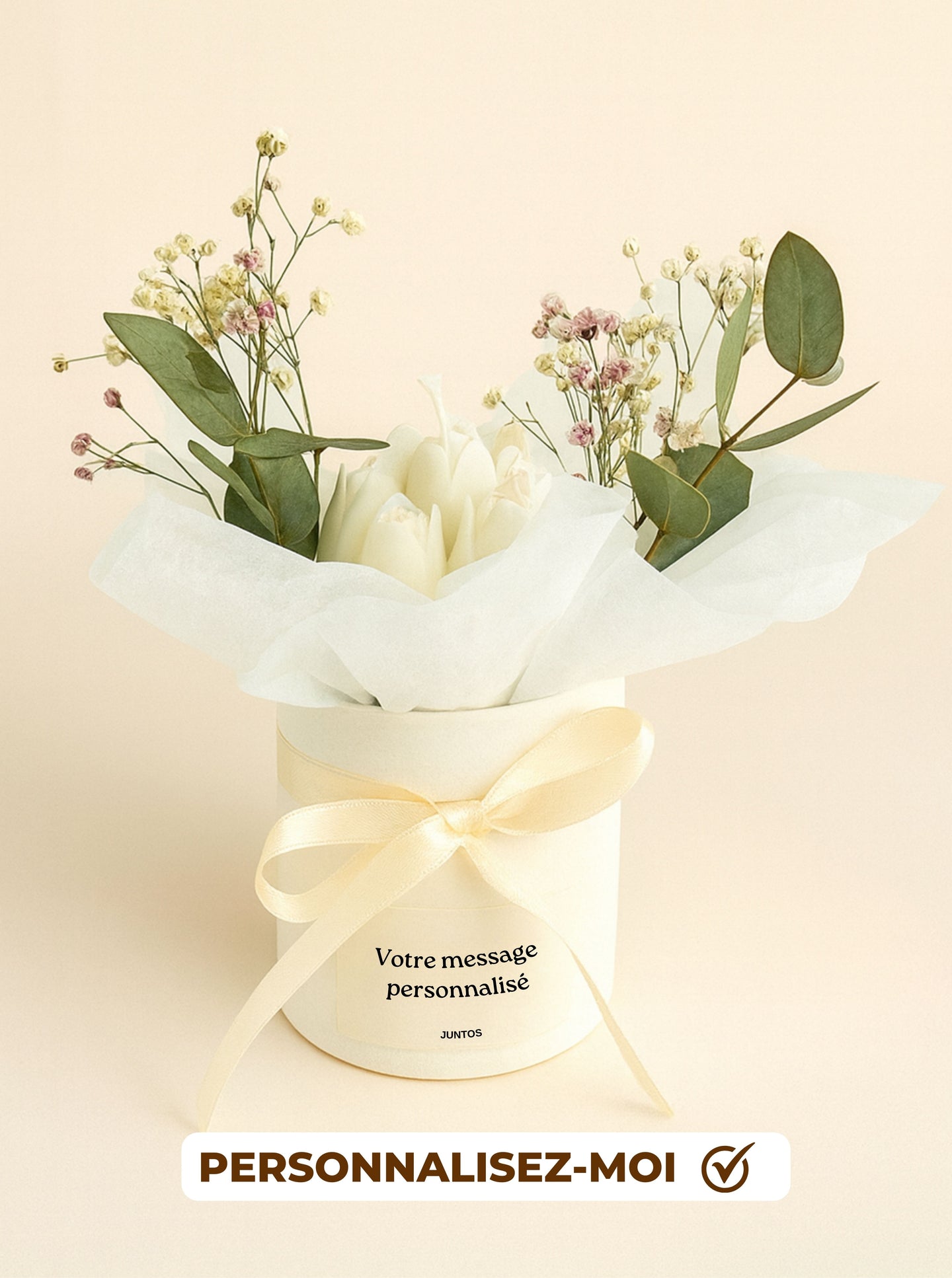 Bougie bouquet moulée avec fleurs séchées et étiquette personnalisée