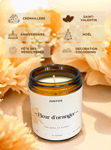 Bougie parfumée naturelle Fleur d'Oranger – Édition premium
La bougie artisanale Fleur d'Oranger est coulée à la main avec une cire 100% végétale, dans un pot en verre ambré réutilisable.