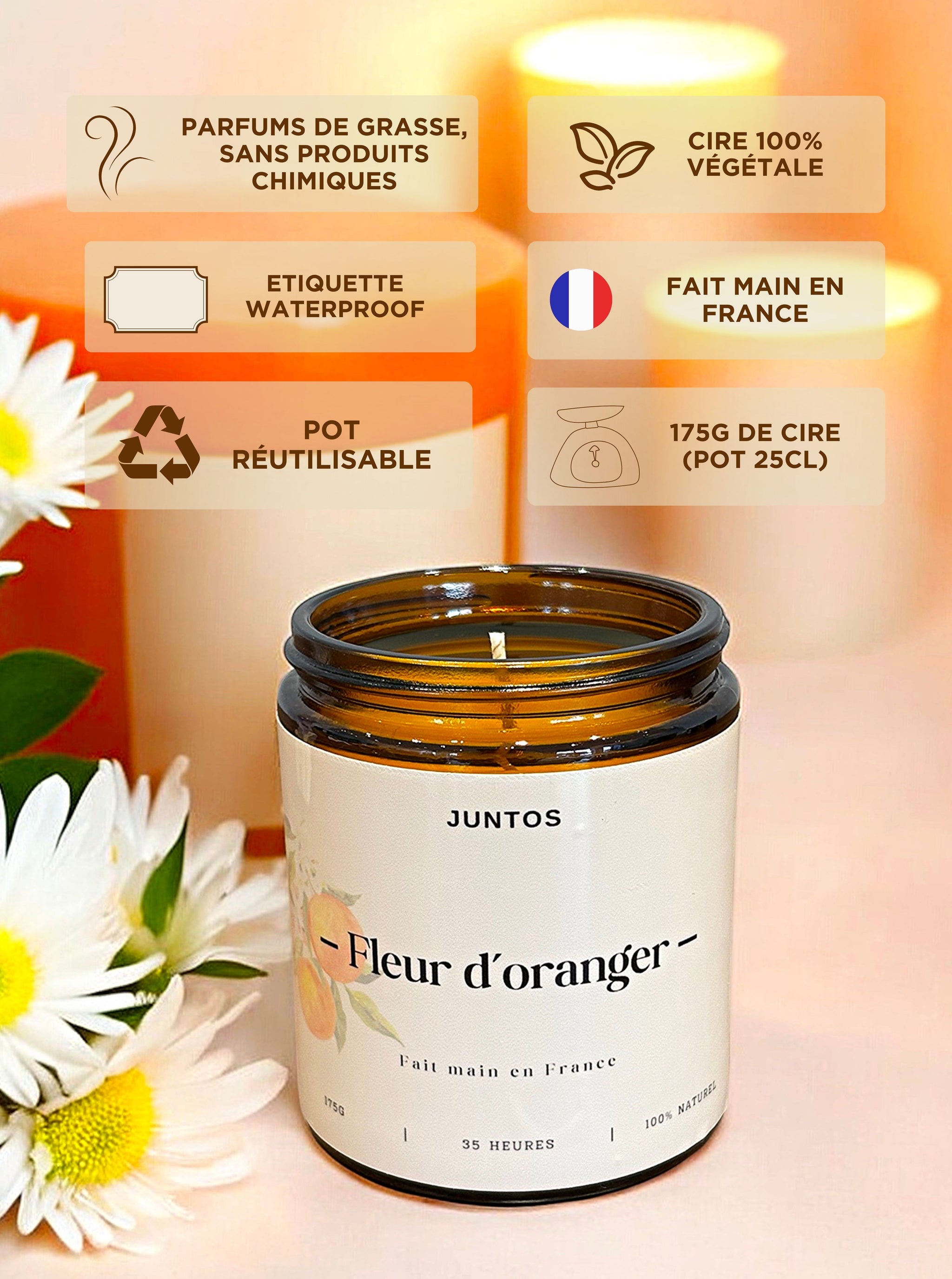 Bougie artisanale Fleur d'Oranger – Une senteur fraîche et florale
Laissez-vous séduire par la bougie parfumée Fleur d'Oranger aux notes de néroli et de citron.