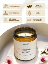 Bougie parfumée naturelle Fleur de Cerisier – Édition premium
La bougie artisanale Fleur de Cerisier est coulée à la main avec une cire 100% végétale, dans un pot en verre ambré réutilisable.