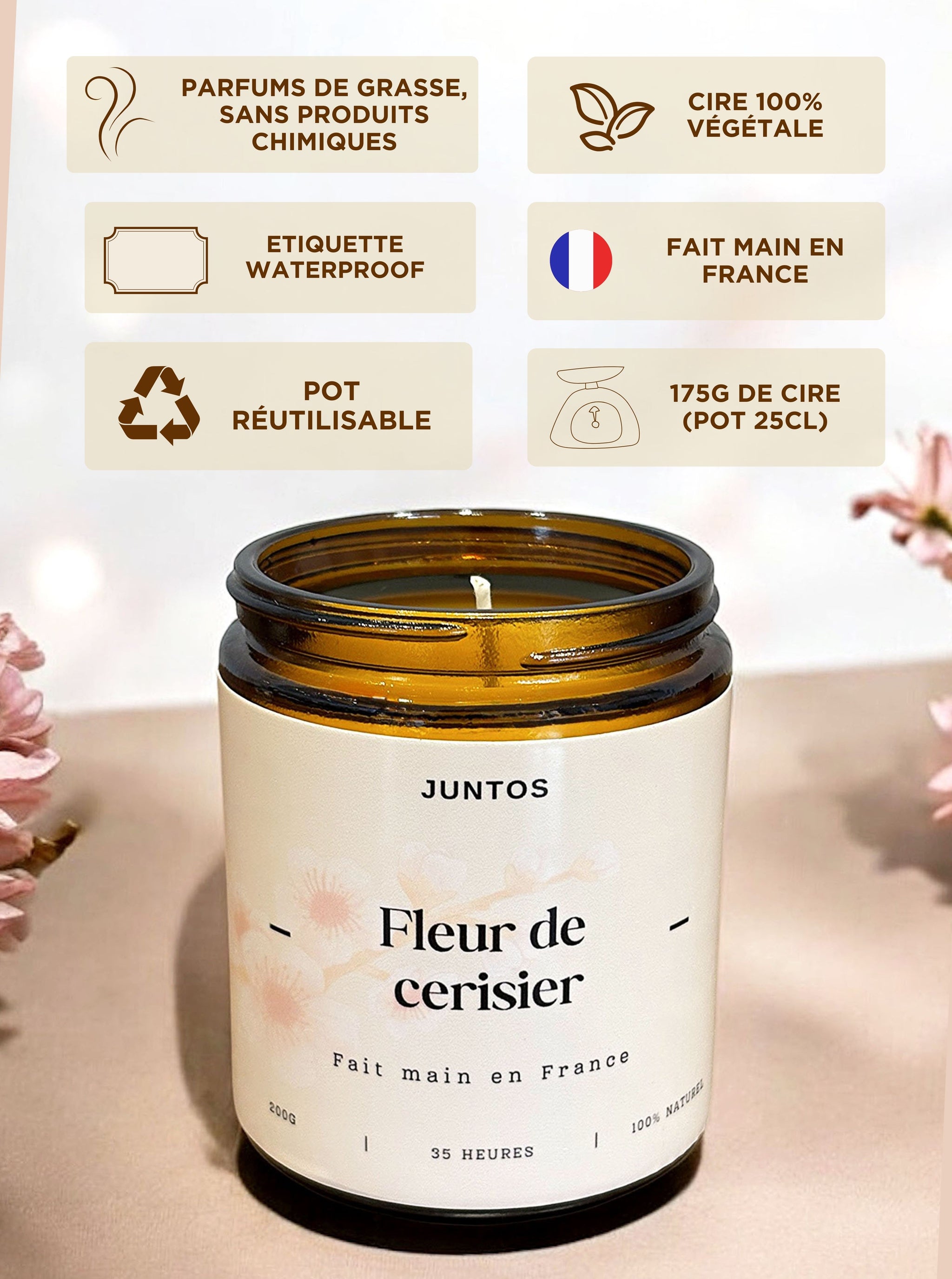 Bougie artisanale Fleur de Cerisier – Une senteur florale et douce
Laissez-vous séduire par la bougie parfumée Fleur de Cerisier aux notes de jasmin, rose et vanille.