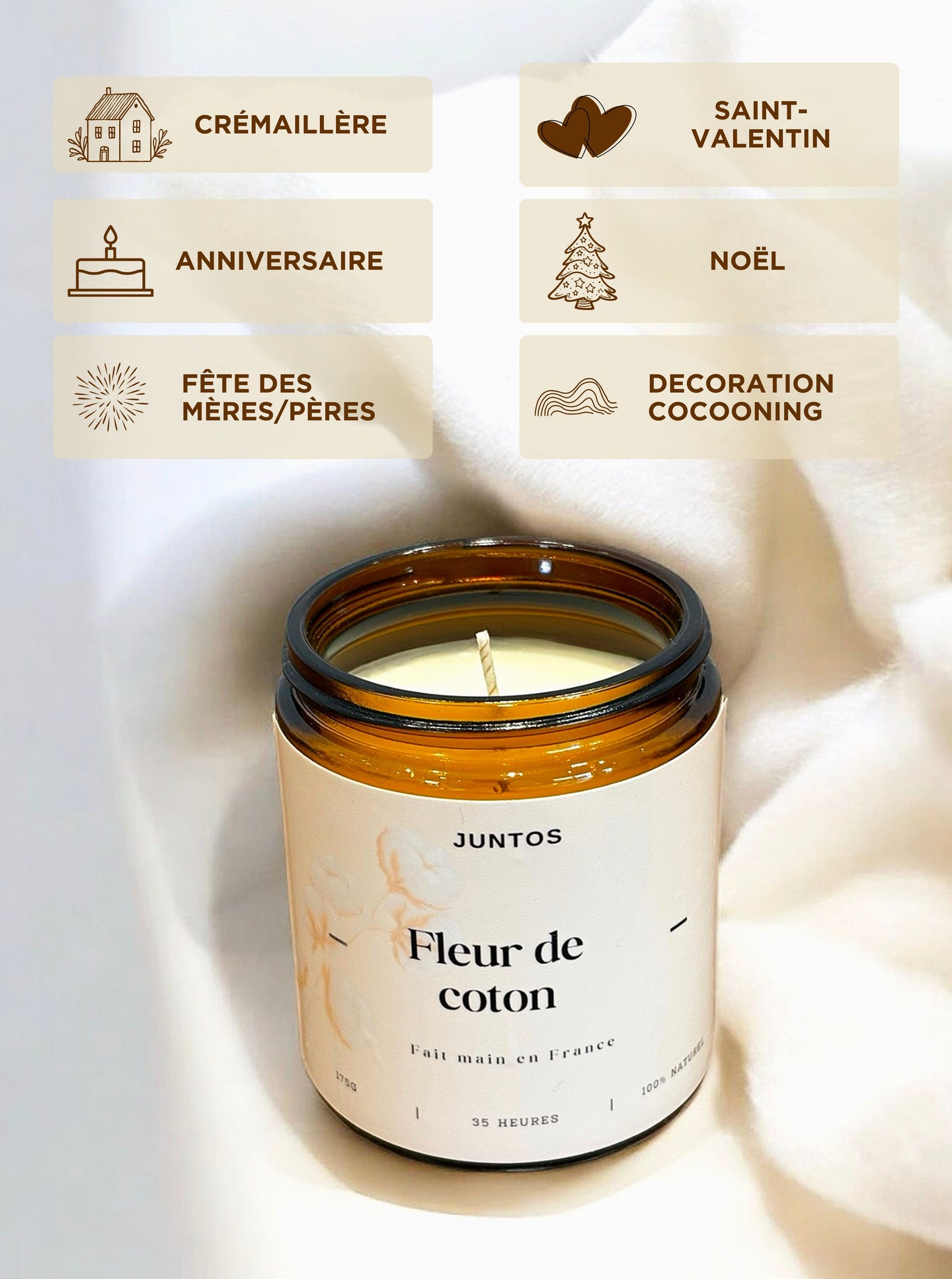 Bougie Fleur de Coton – Notes de tête lactées et iris, cœur de rose et héliotrope, fond bois blanc, musc et vanille. Parfum de Grasse.