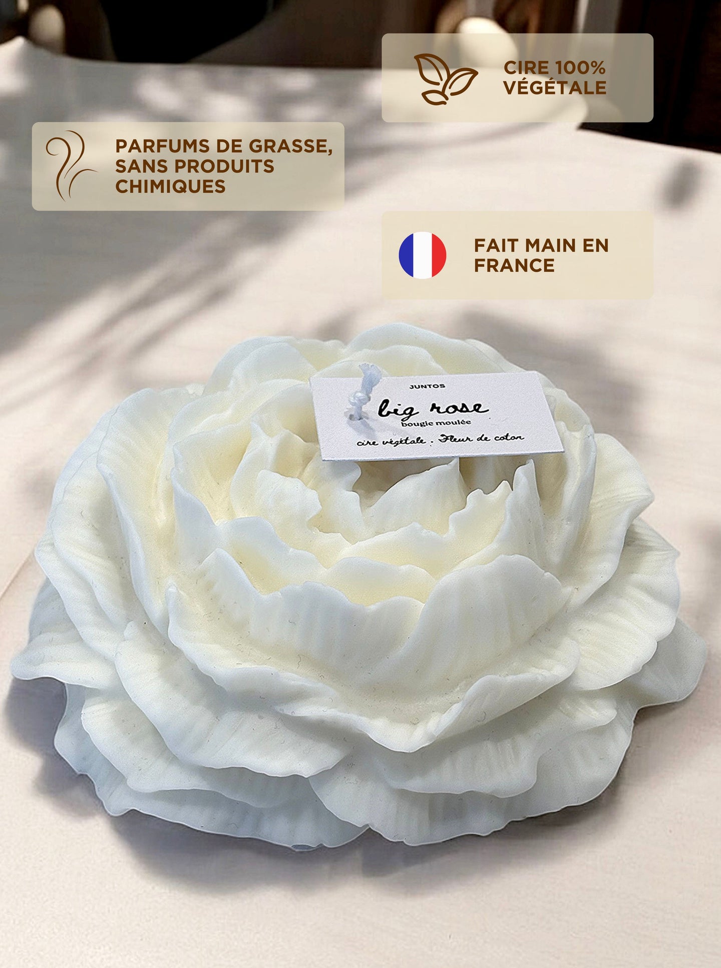 Grande bougie florale artisanale – forme rose – décoration poétique