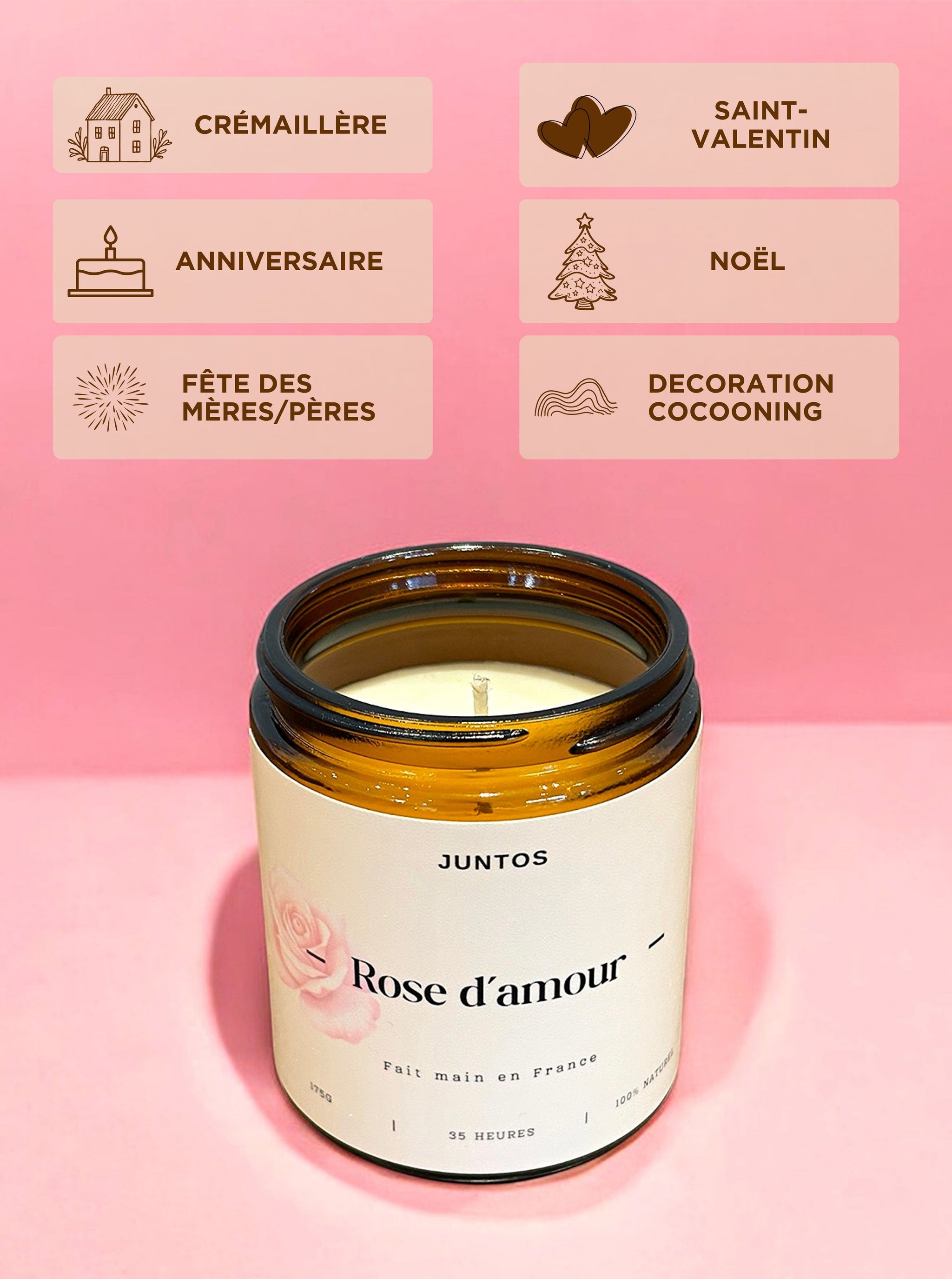 Bougie bien-être Rose d'Amour – Idée cadeau romantique
Offrez une bougie made in France au parfum raffiné et délicat, idéale pour une ambiance romantique et élégante.