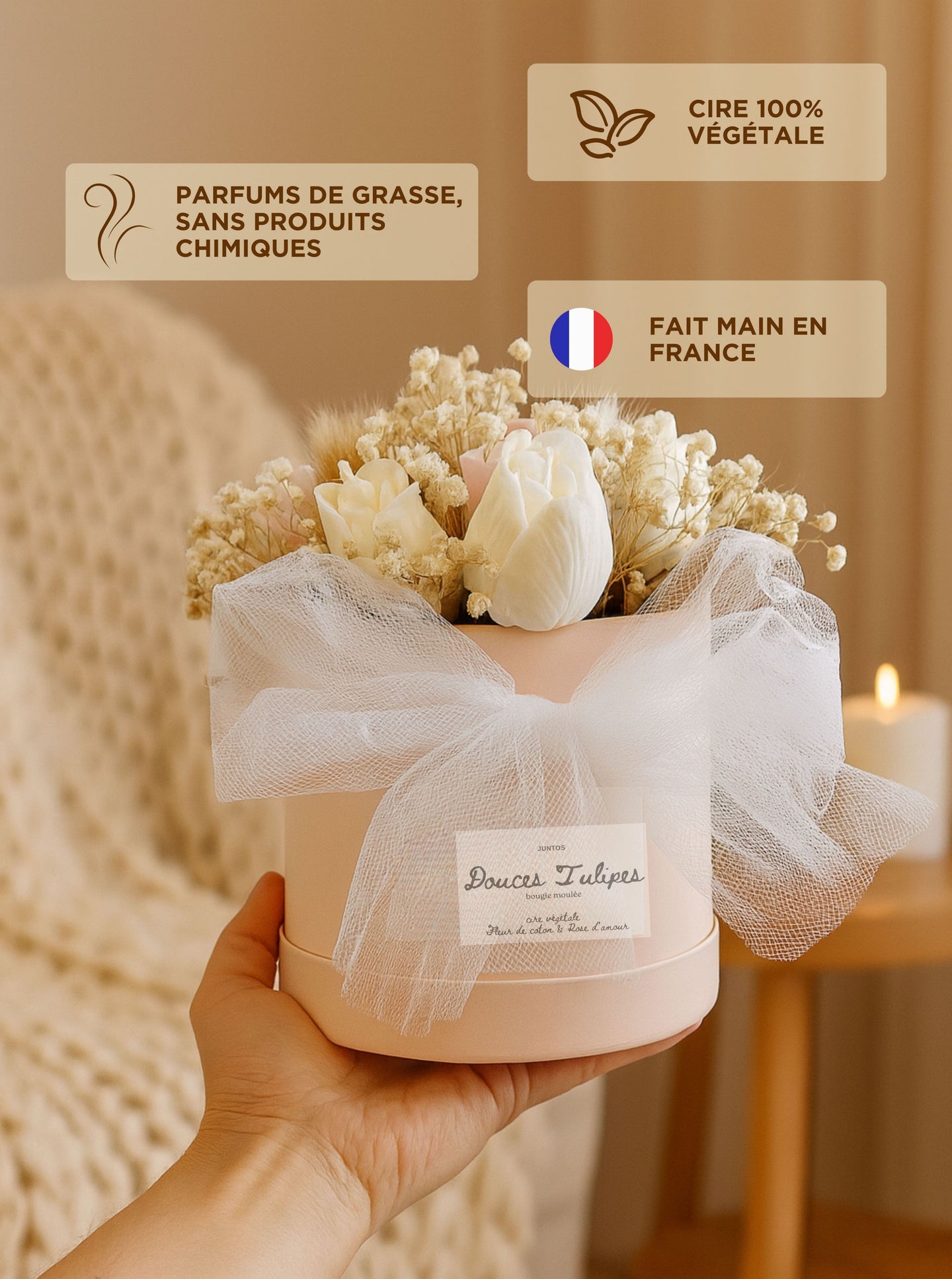 Bouquet décoratif de tulipes en bougie moulée avec fleurs séchées naturelles