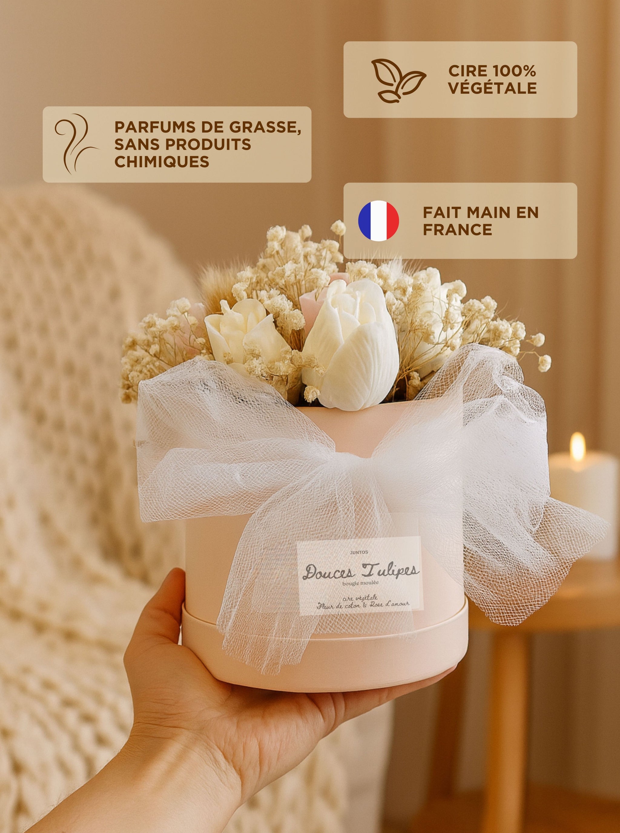Bouquet décoratif de tulipes en bougie moulée avec fleurs séchées naturelles