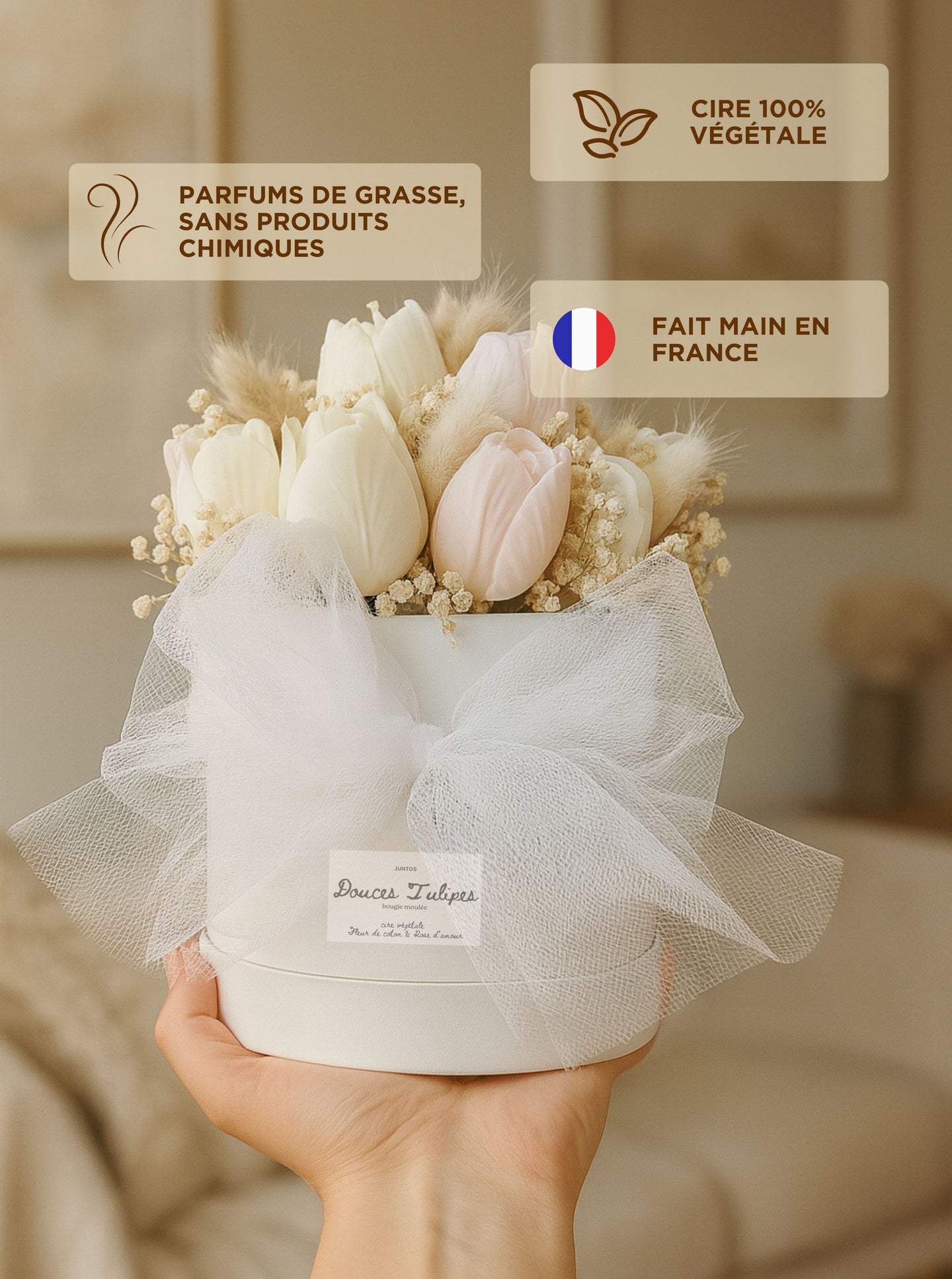 Bouquet décoratif de tulipes en bougie moulée avec fleurs séchées naturelles