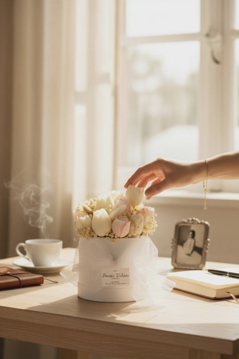 Bouquet original avec tulipes en bougie moulée et fleurs séchées, idée cadeau unique