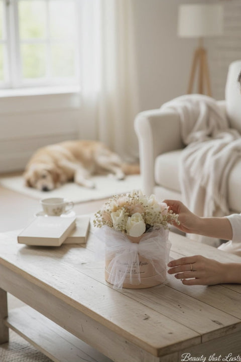 Bouquet artisanal de tulipes en bougie moulée avec fleurs séchées, idée cadeau unique