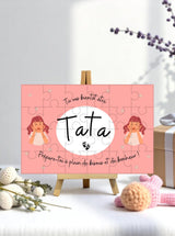 Puzzle grossesse "Tu vas être Tata" présenté sur un chevalet en bois optionnel