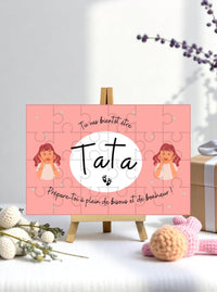 Puzzle grossesse "Tu vas être Tata" présenté sur un chevalet en bois optionnel
