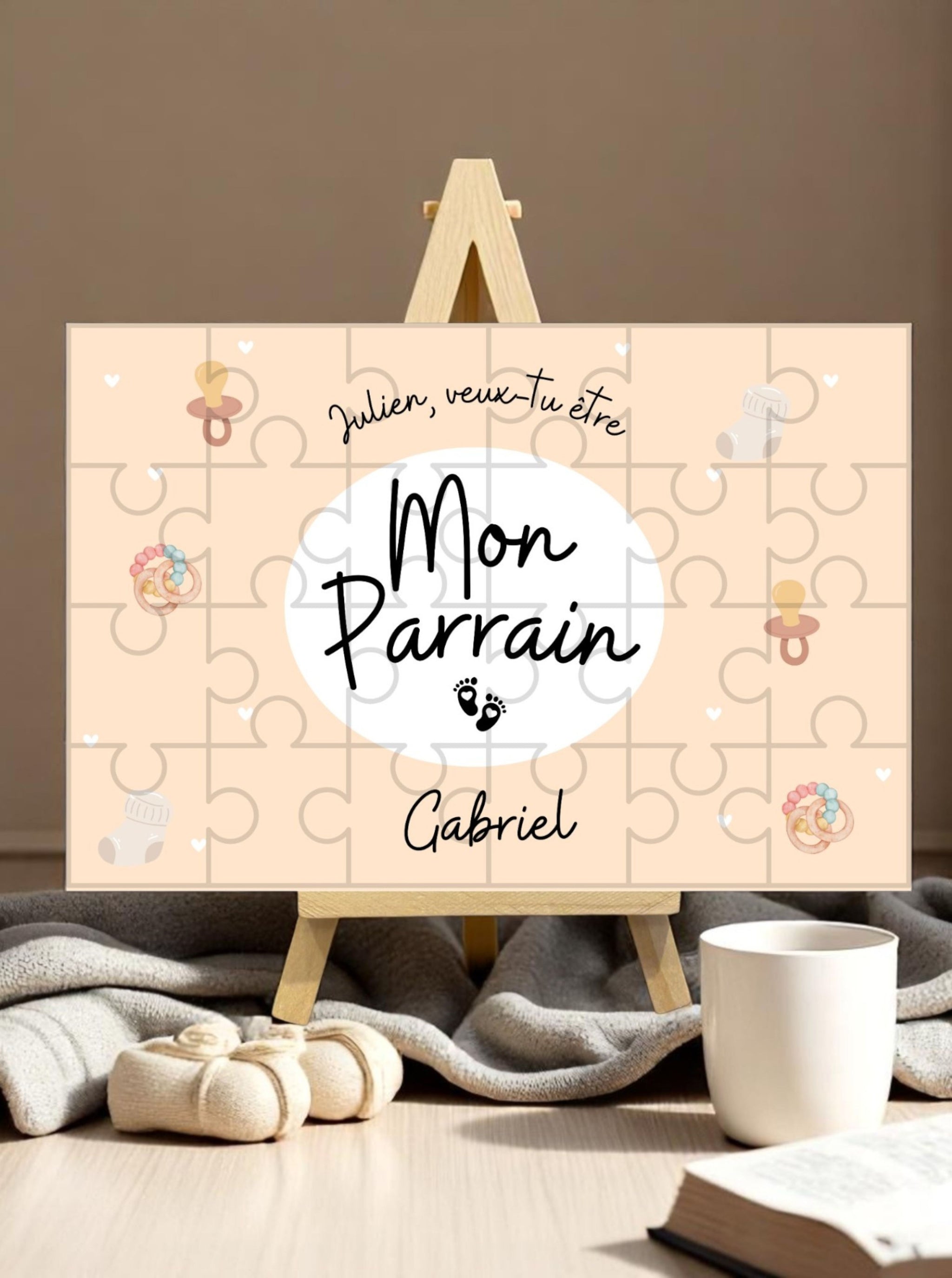 Puzzle “Veux-tu être mon parrain ?” sur chevalet en bois (option)